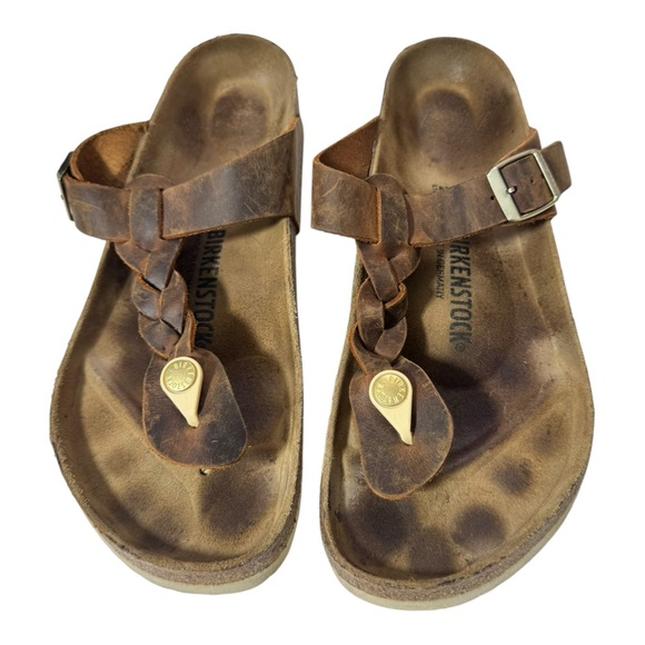 Birkenstock Women’s Gizeh Braided Sandals 42 Leather Brown Oil Rubbed Comfort - Picture 1 of 9